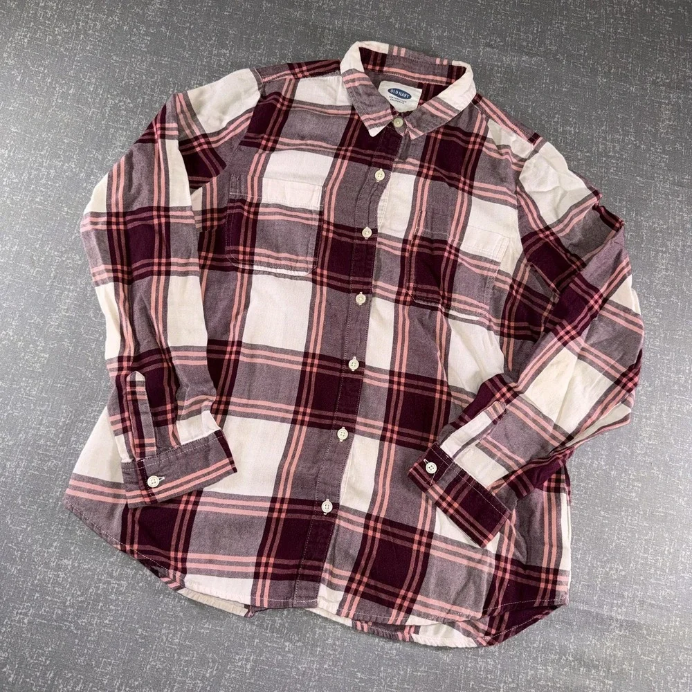 Old Navy Shirt Womens Medium Red Plaid Flannel Long Sleeve Button Up Casual Fall